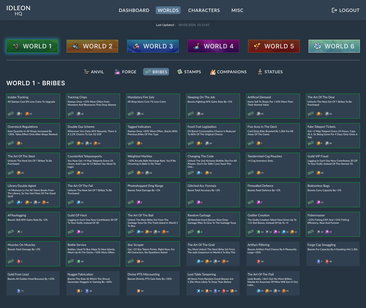 Design frame of the bribes skill for world 1